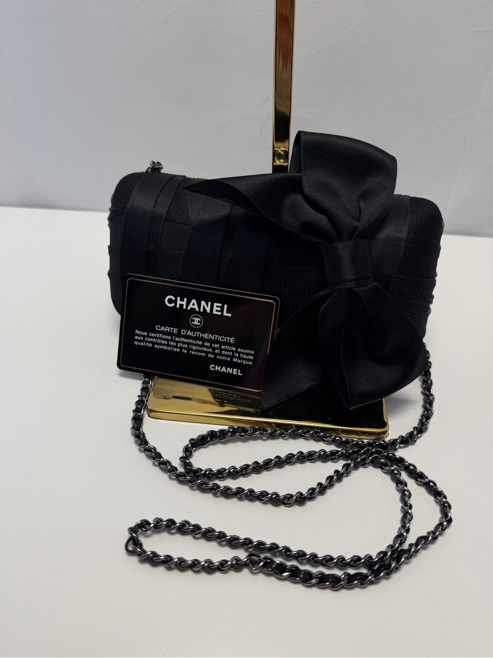CHANEL Black Satin Bow Chain Shoulder Bag